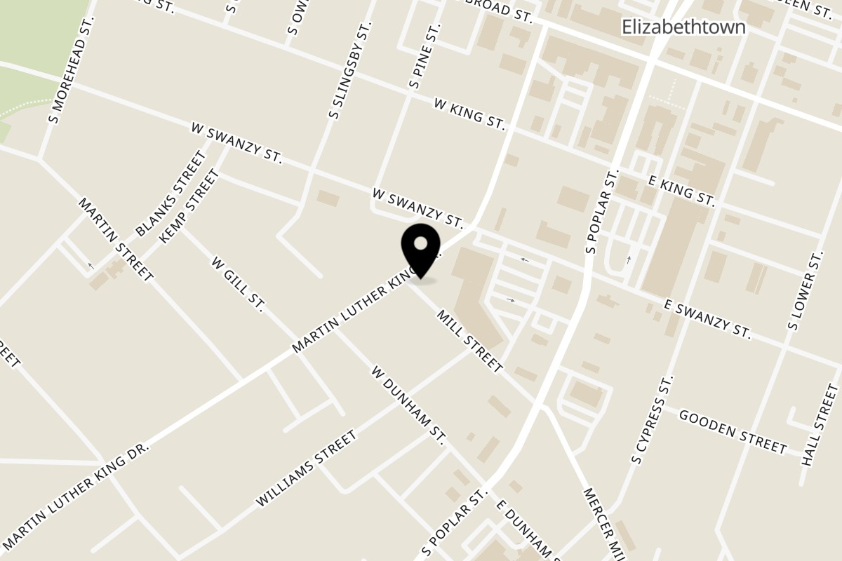 Map showing the location of Brickhouse Seafood Cafe on 315 M.L.K. Dr in Elizabethtown